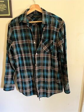 Ativa Men’s Teal and Black Plaid Casual Button-Down Shirt